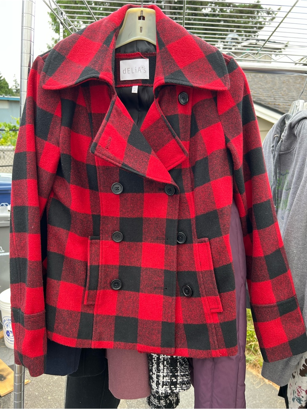 dELiA*s Red & Black Buffalo Plaid Double-Breasted Peacoat
